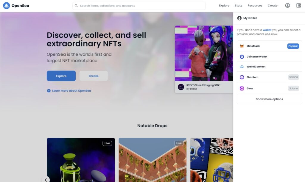 opensea.io > click on the wallet icon in the top right corner