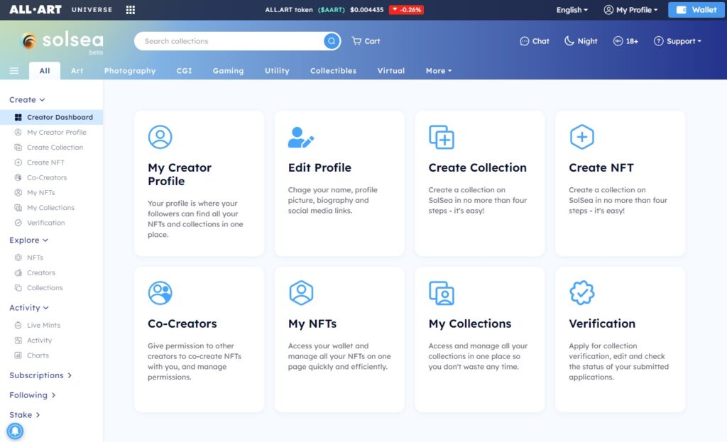 Creator Dashboard on solsea.io